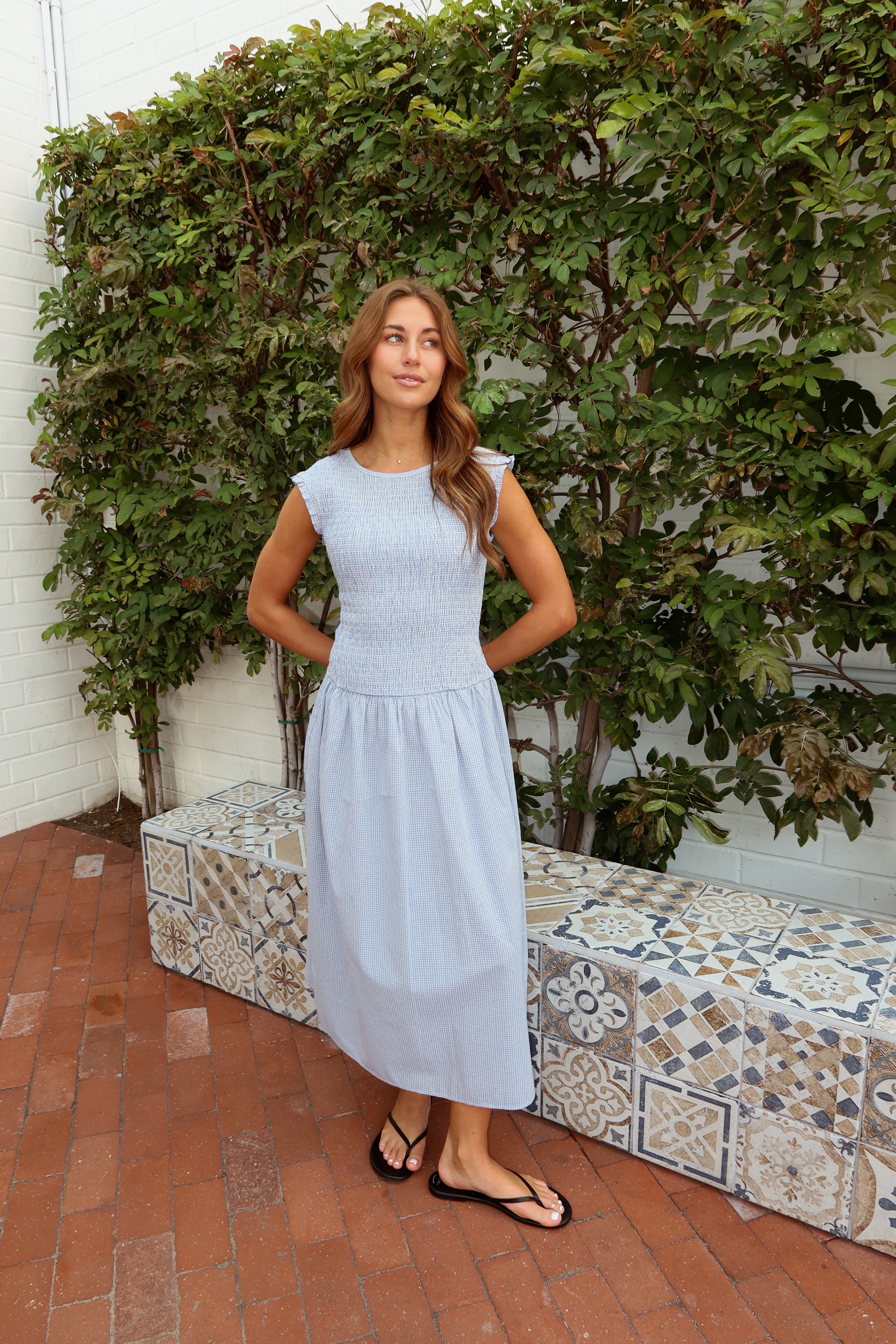 Tilly Gingham Midi in Light Blue Large