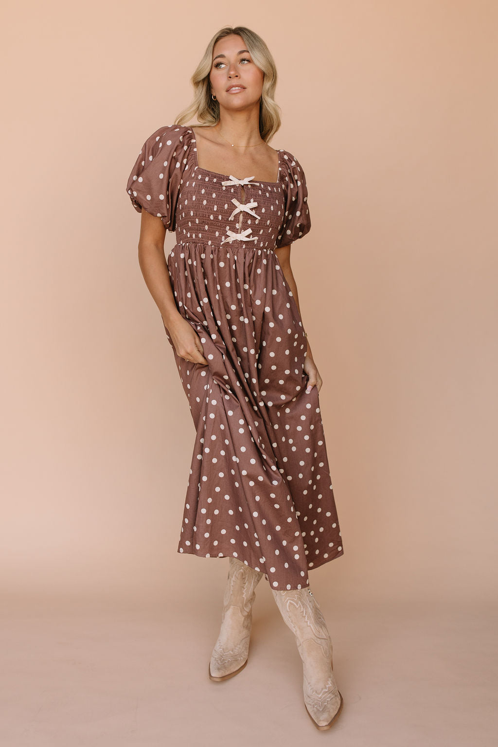 brown polka dot dress sleeves Cassandra Dot Dress Small