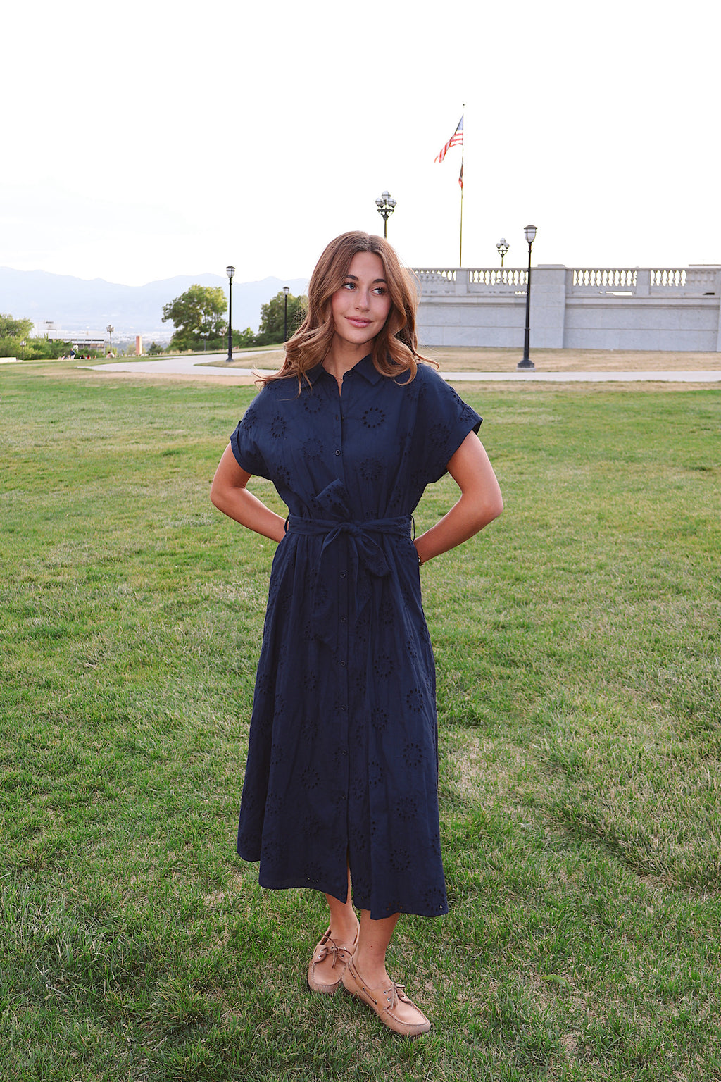 Liv Eyelet Dress in Navy