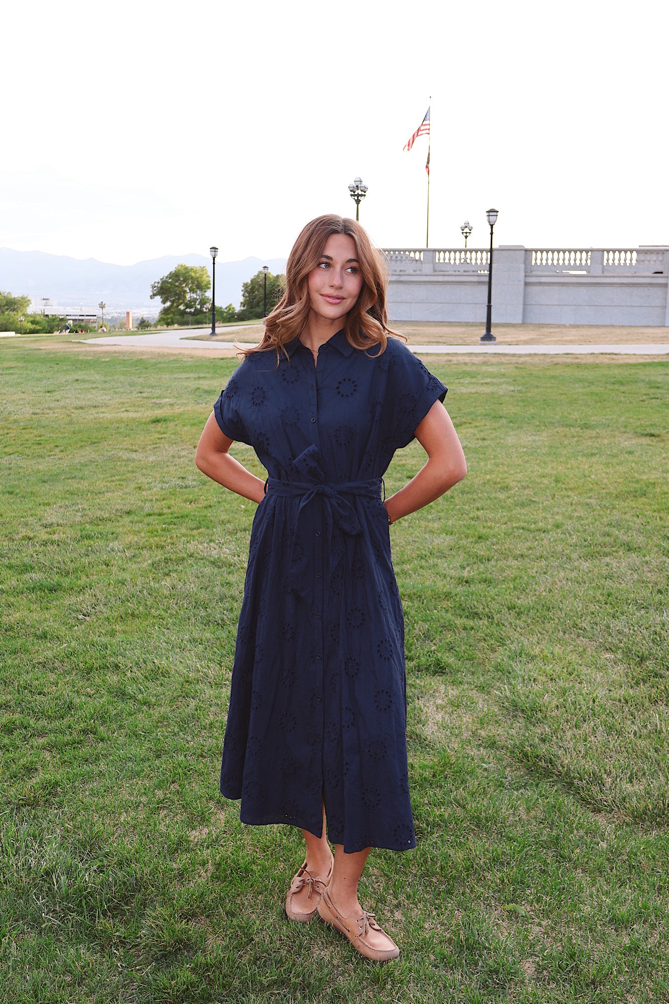 Liv Eyelet Dress in Navy