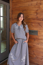Gingham Embroidered Skirt in Navy