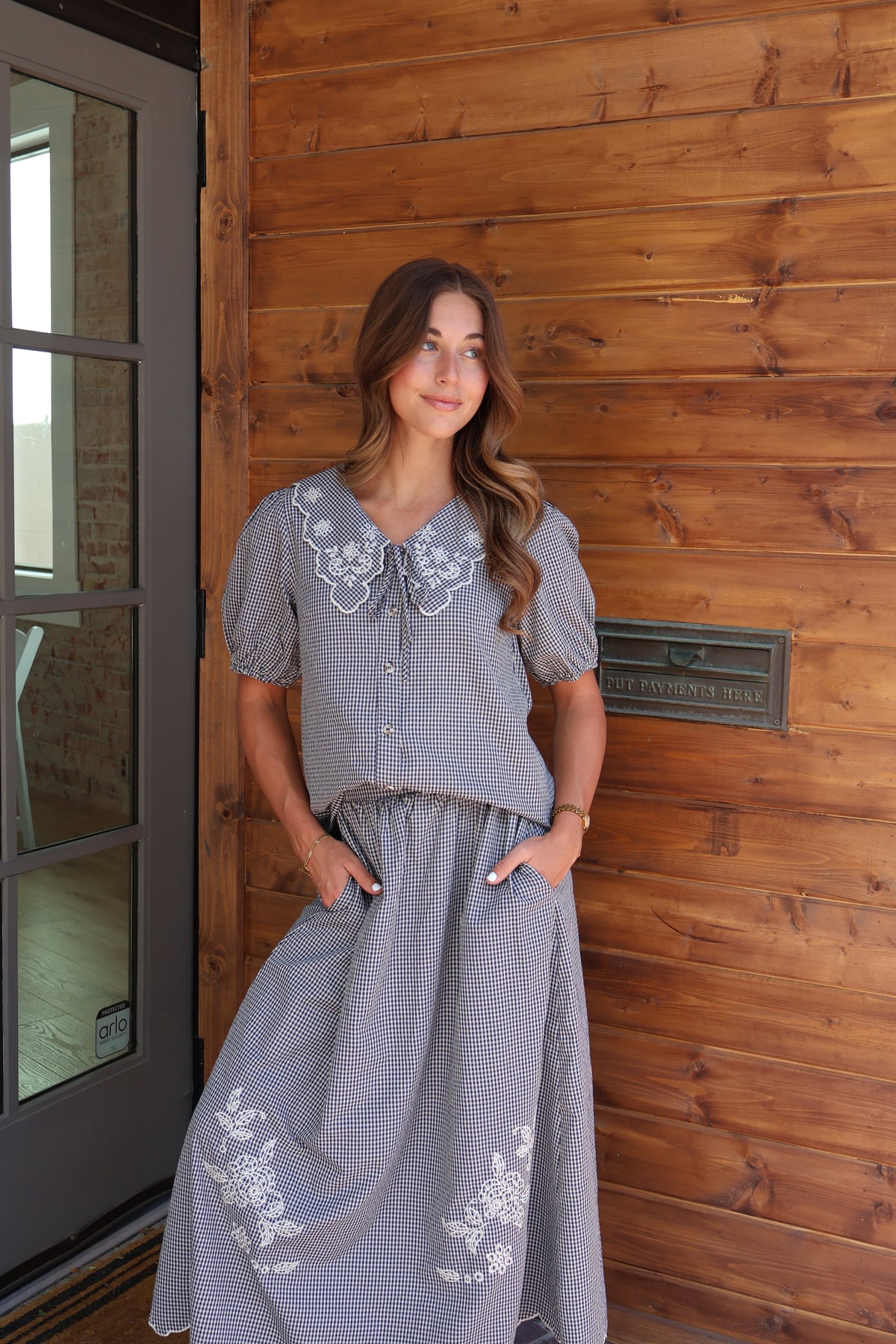 Gingham Embroidered Skirt in Navy