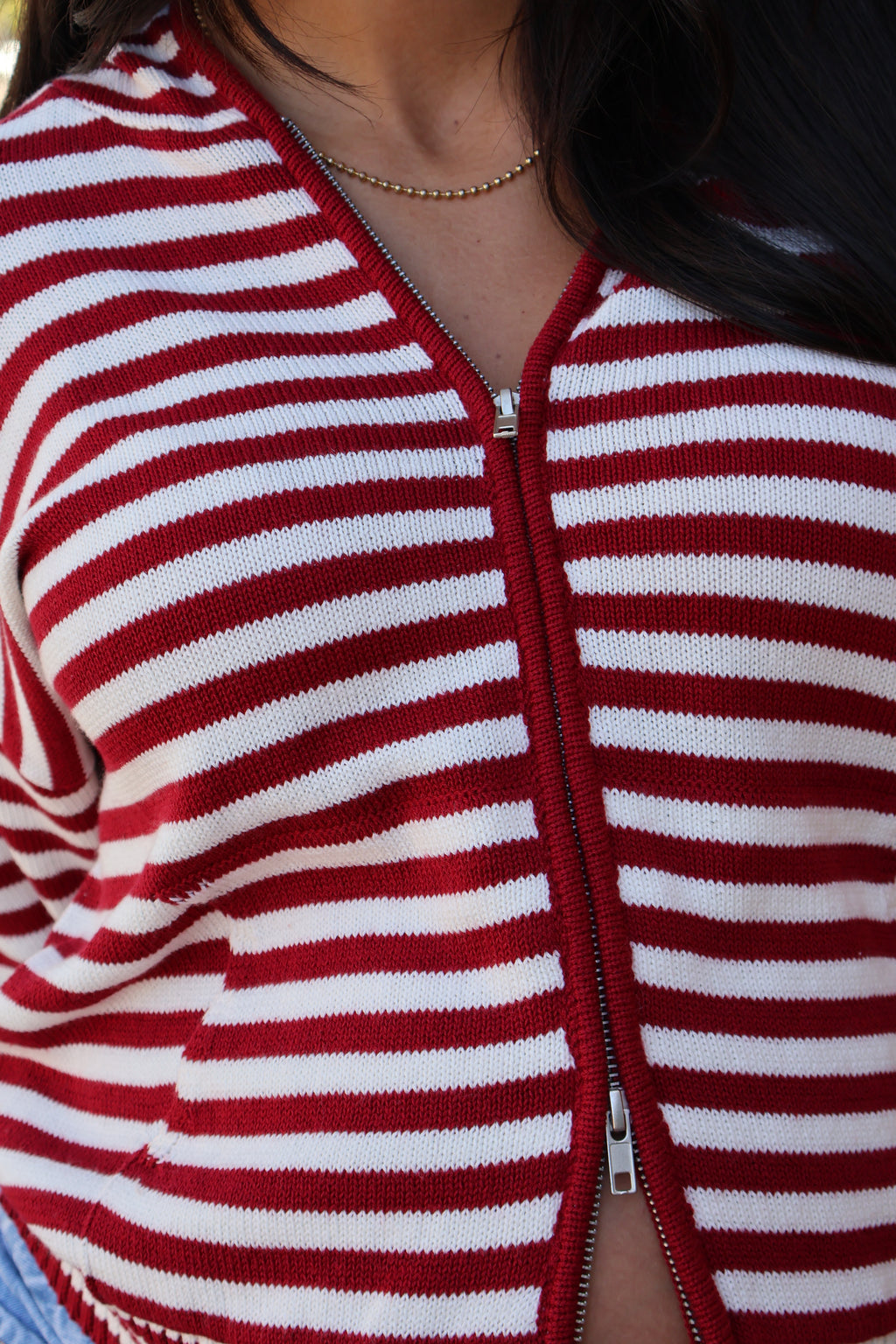 Zip Up Stripe Hoodie in Red