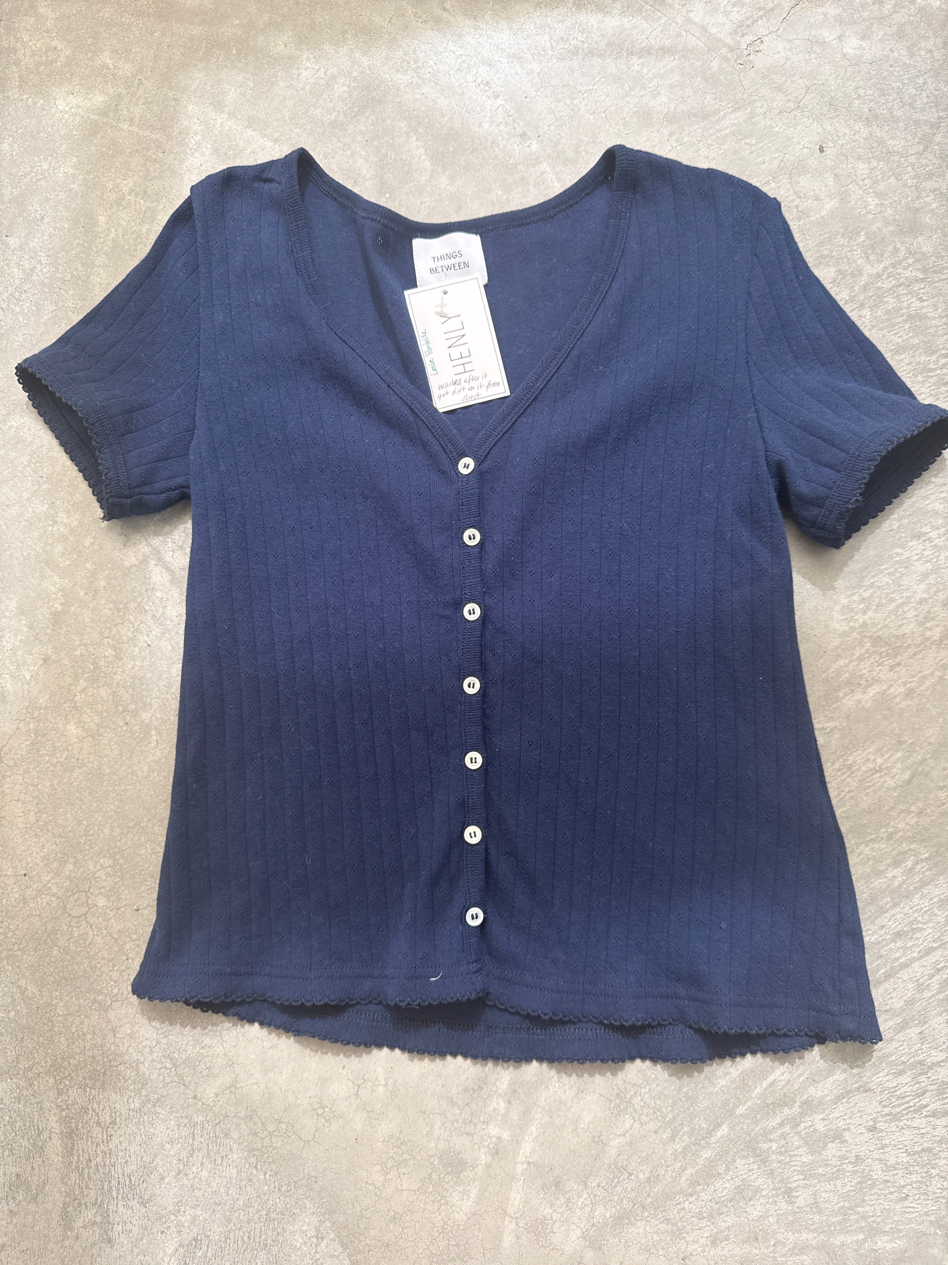 FINAL SALE - FLAWED Leslie Pointelle V-Neck Tee Navy - Small