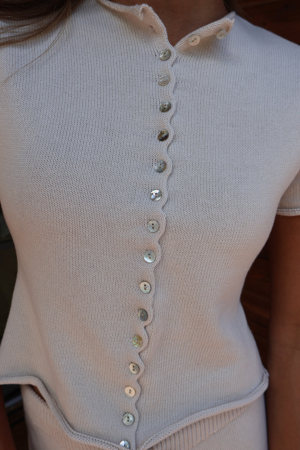 Cotton Knit Scallop Top in Ivory