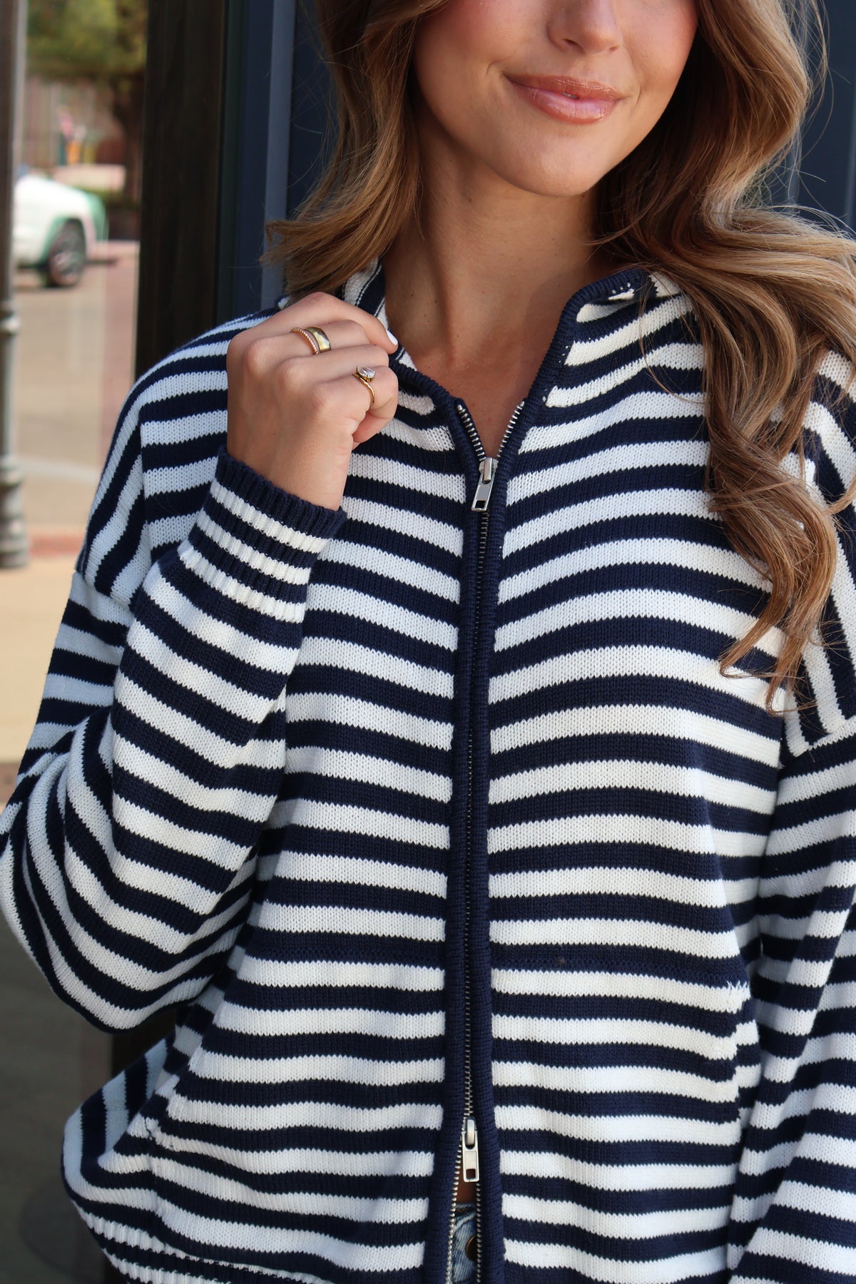 Zip Up Stripe Hoodie in Navy