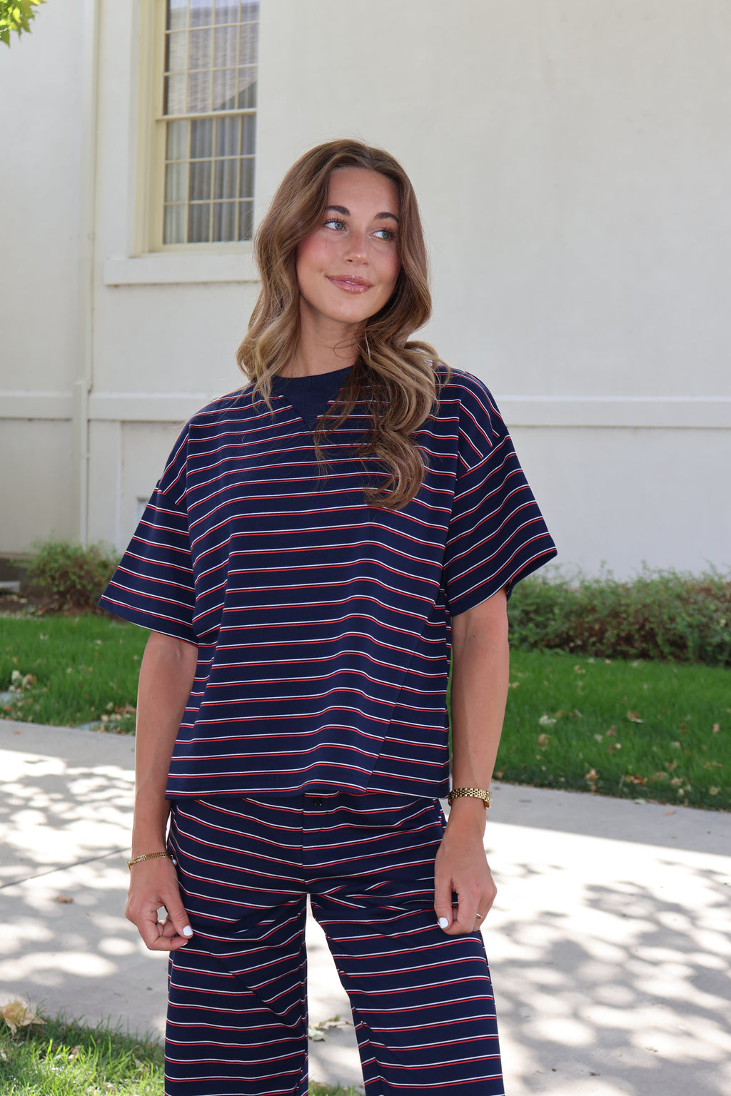 Terry Stripe Tee in Navy