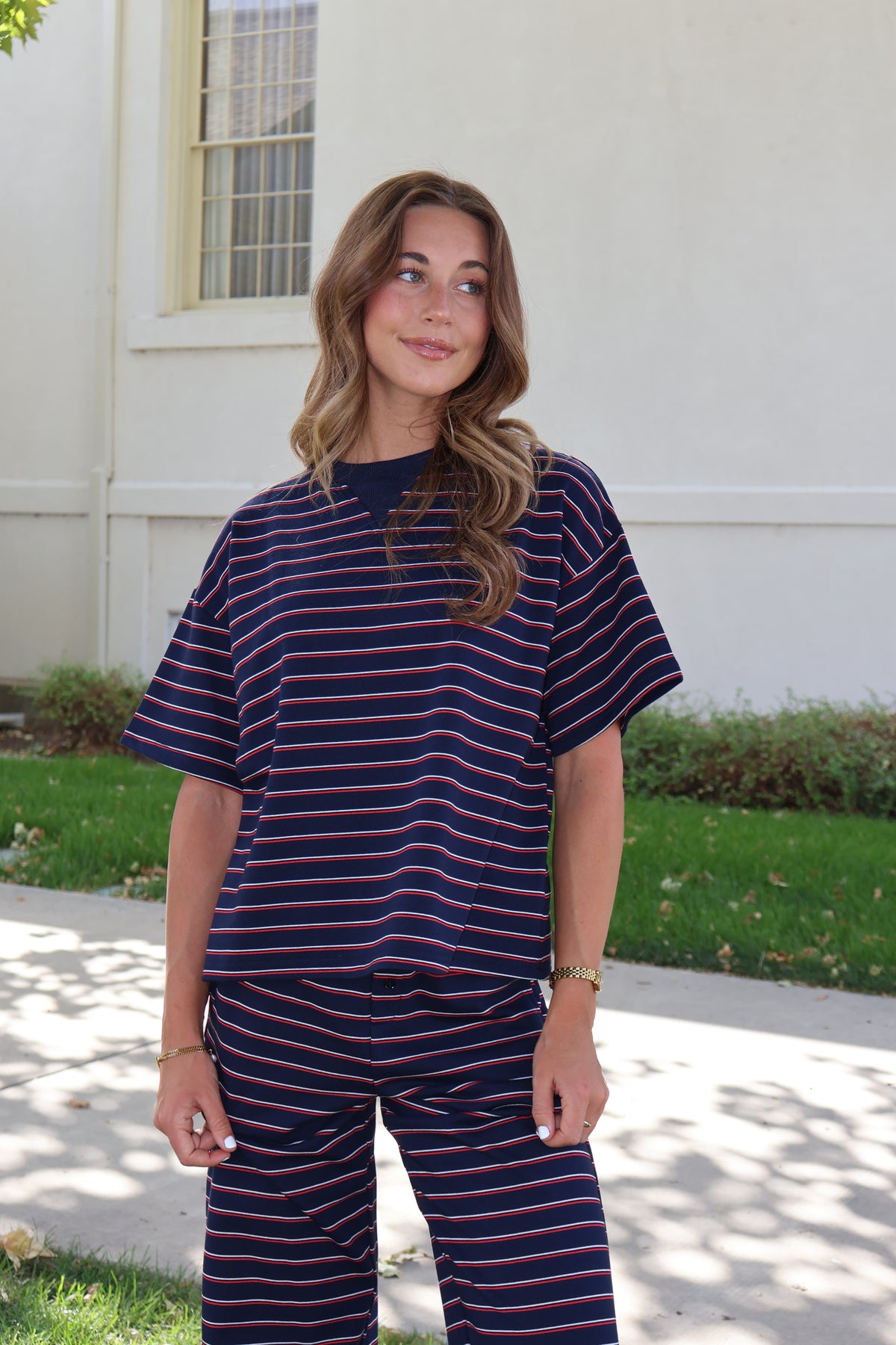 Terry Stripe Tee in Navy