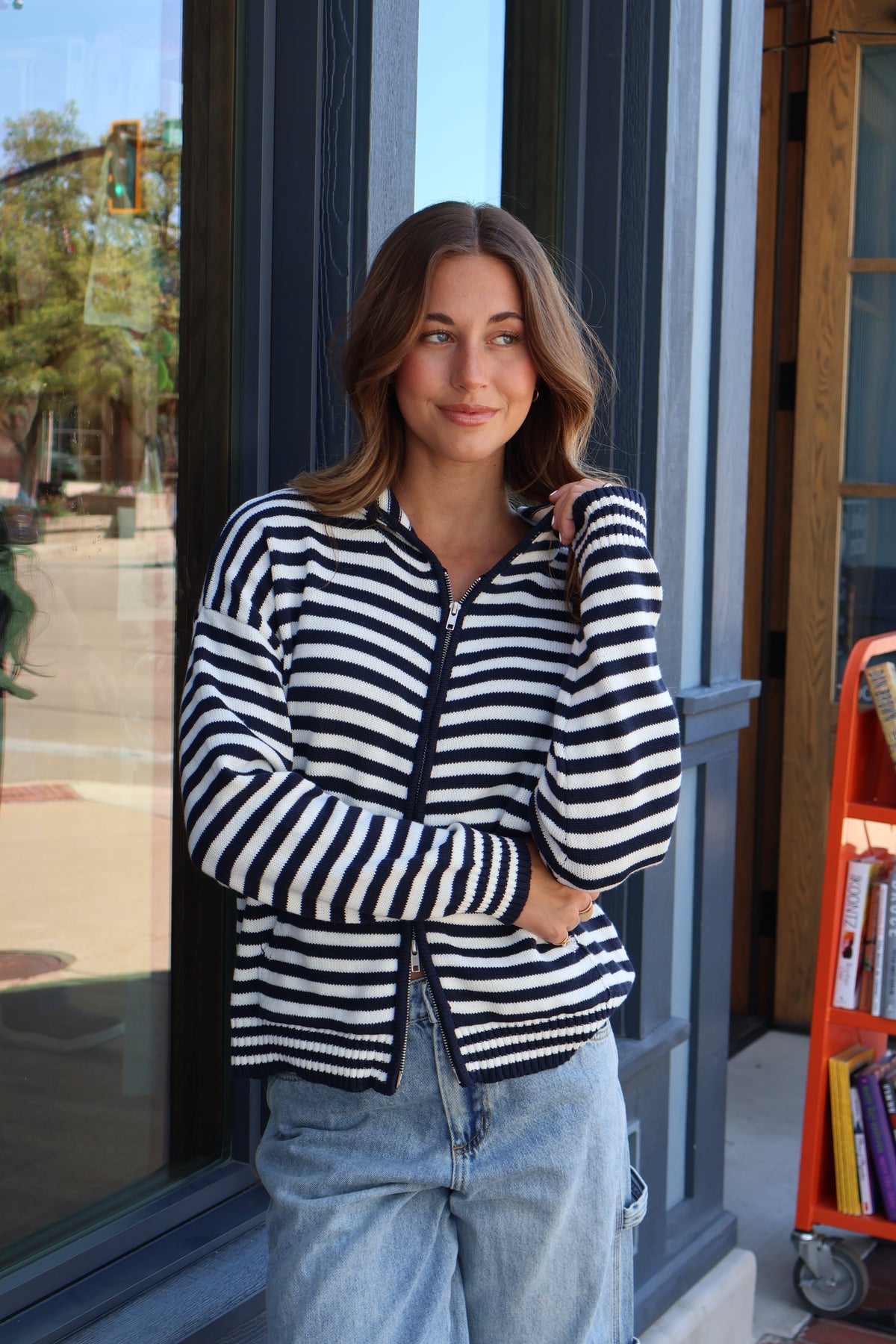 Zip Up Stripe Hoodie in Navy Main image