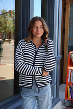 Zip Up Stripe Hoodie in Navy