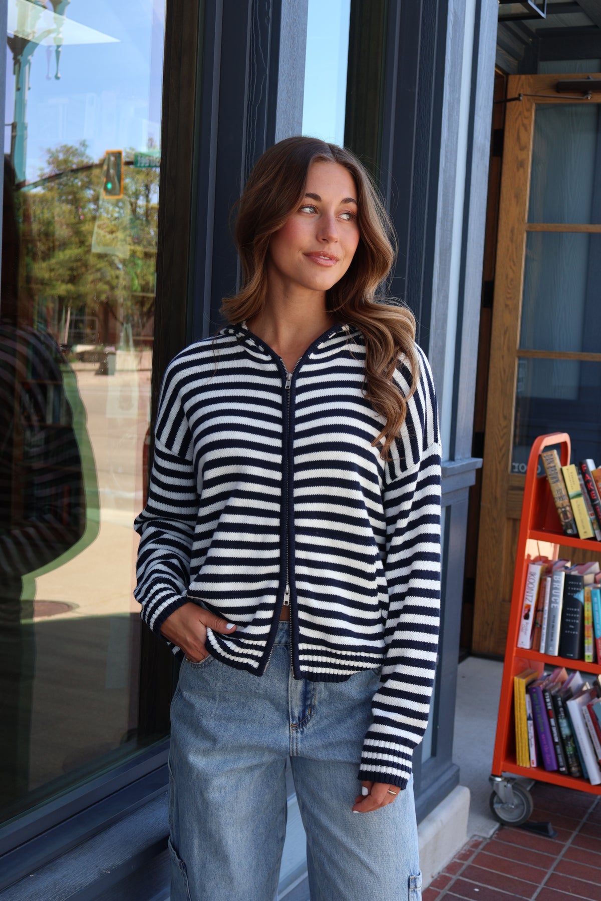 Zip Up Stripe Hoodie in Navy Secondary image