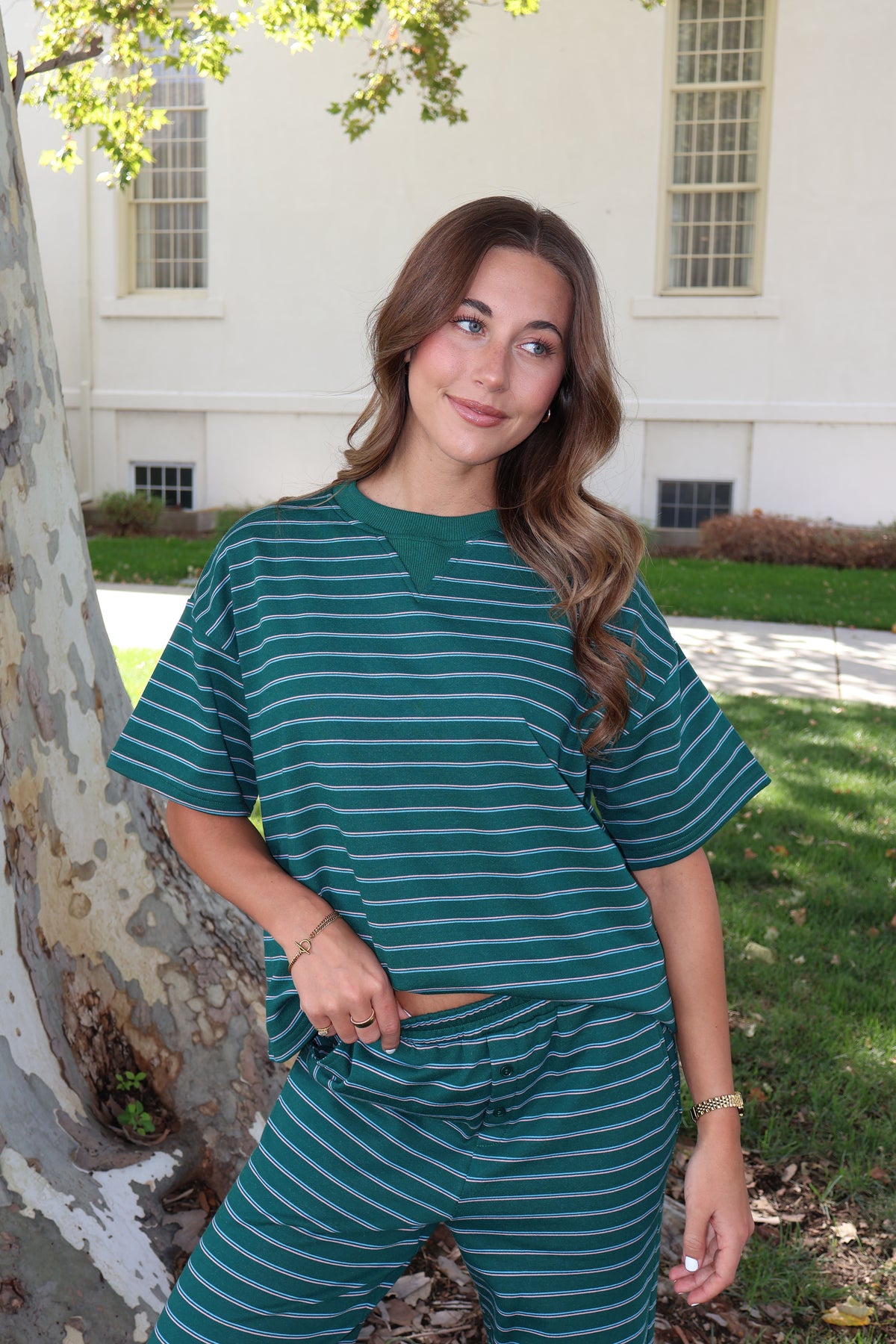 Terry Stripe Tee in Hunter Green Main image