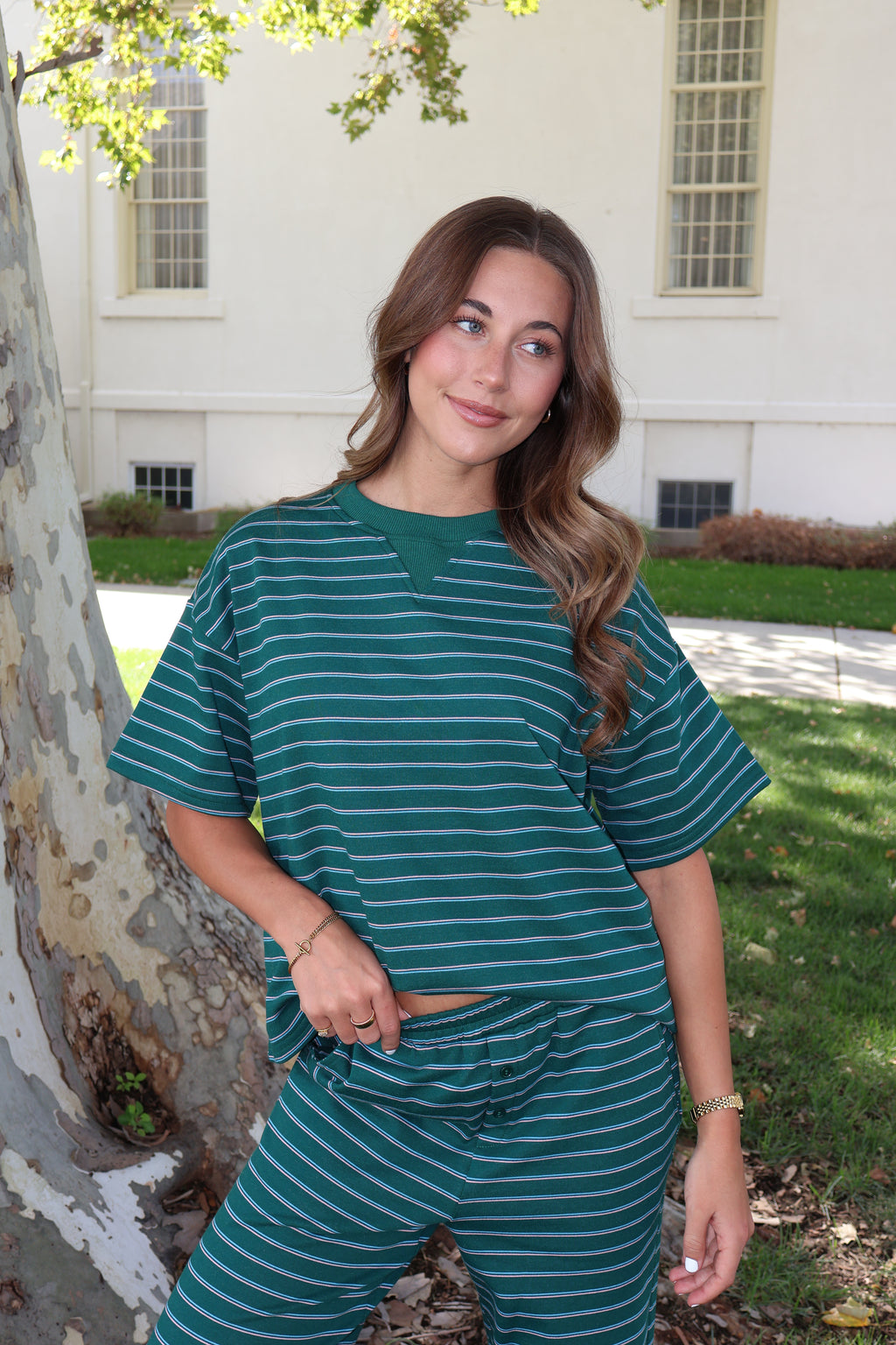 Terry Stripe Tee in Hunter Green