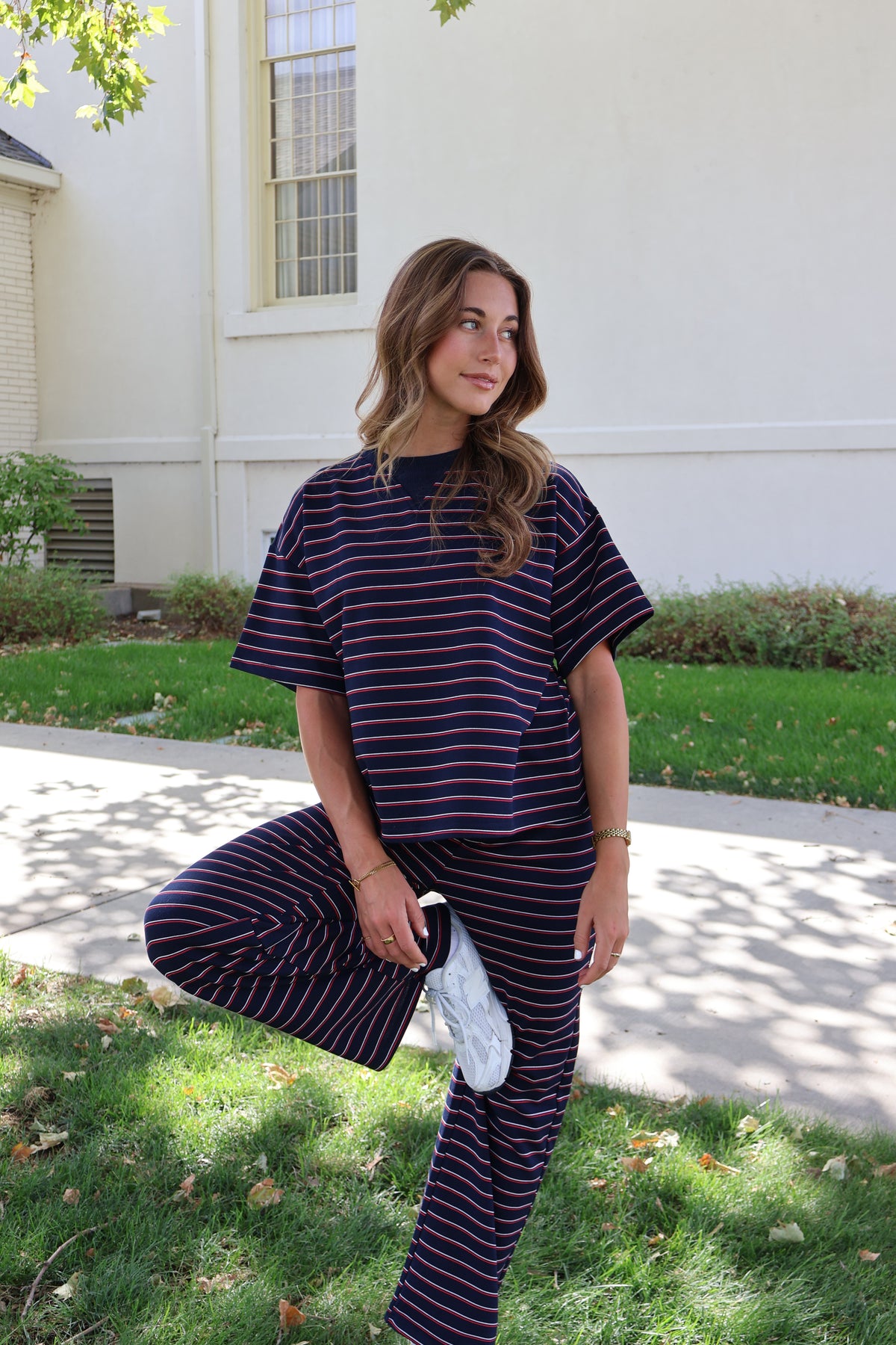Terry Stripe Pants in Navy