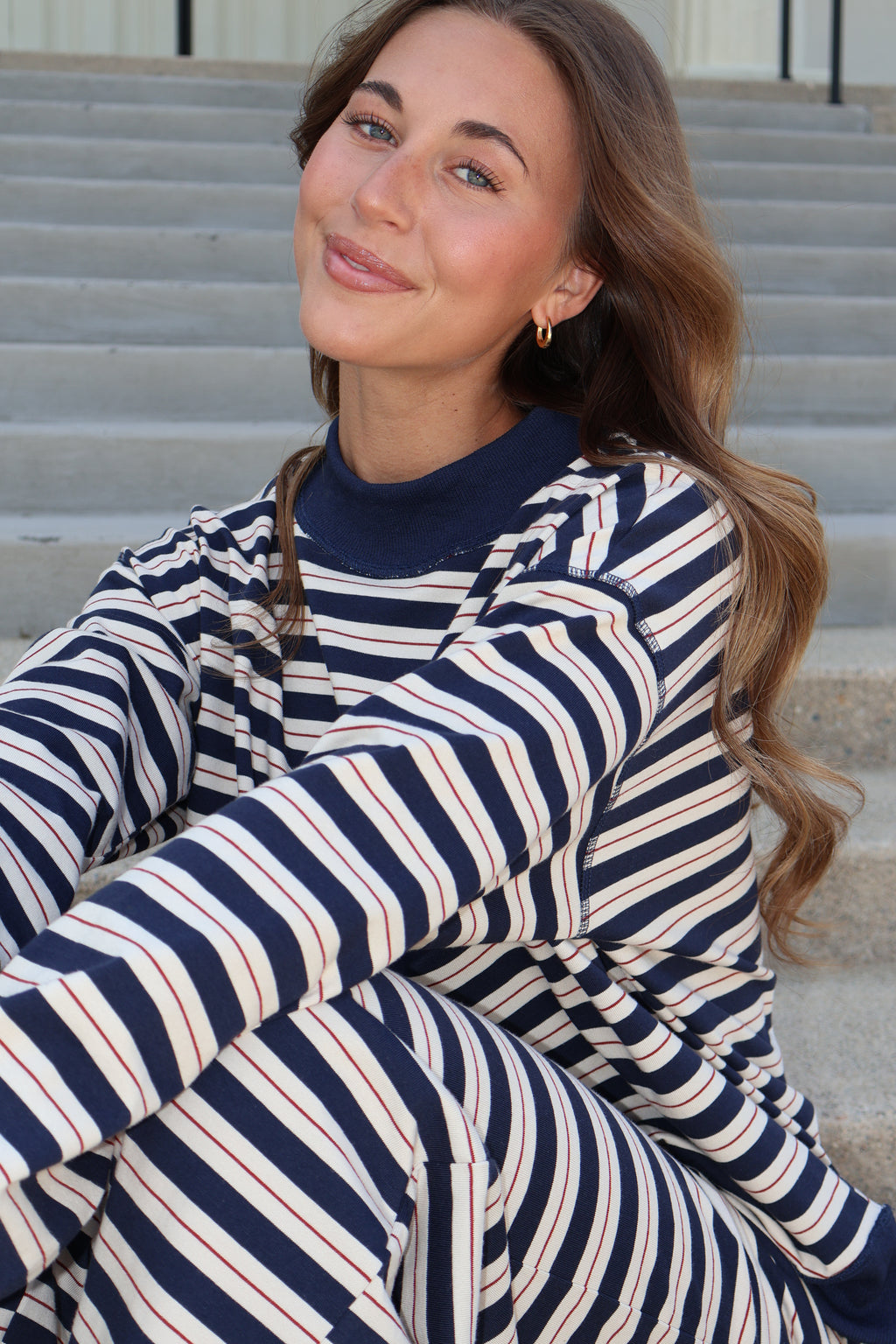 Bennett Stripe Mock Neck Pullover in Navy