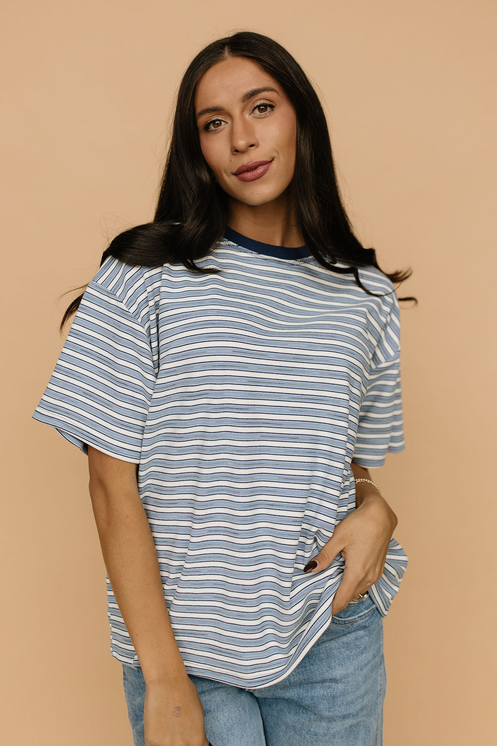 Porter Fleece Stripe Tee in Light Blue Main image