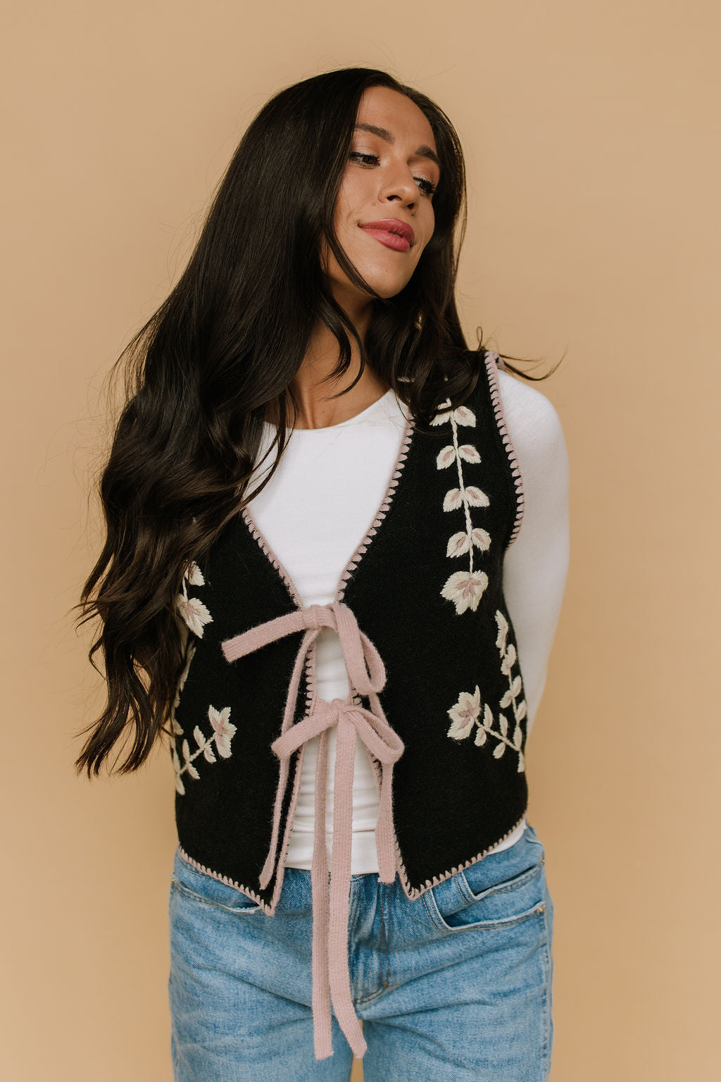 FINAL SALE - Georgia Floral Embroidered Vest in Black