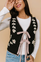 FINAL SALE - Georgia Floral Embroidered Vest in Black