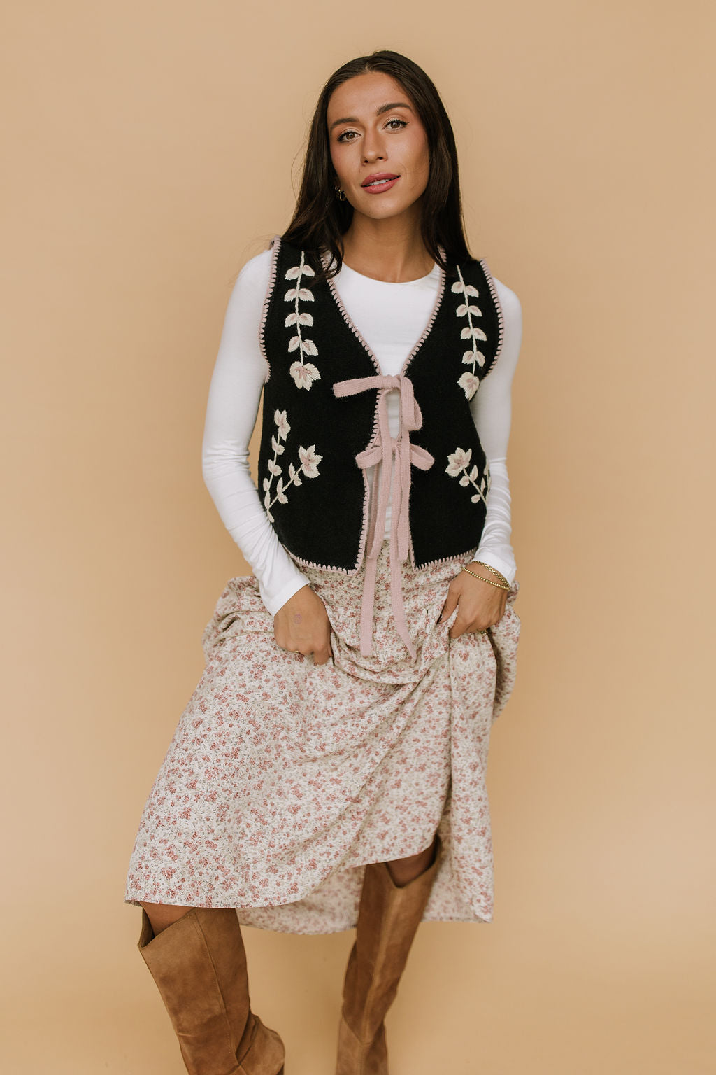 FINAL SALE - Georgia Floral Embroidered Vest in Black