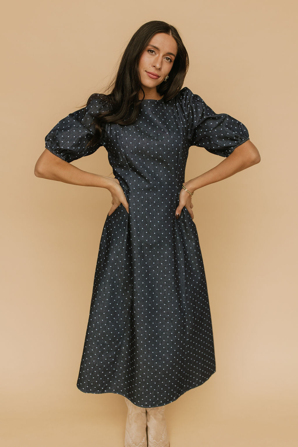 Denim Dot Dress in Blue Main image
