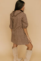 NAME A289 POLAGRAM PLAID PETER PAN COLLAR BUBBLE SLEEVE MINI DRESS MOCHA-TAUPE Medium