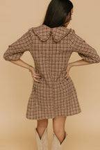 NAME A289 POLAGRAM PLAID PETER PAN COLLAR BUBBLE SLEEVE MINI DRESS MOCHA-TAUPE Medium
