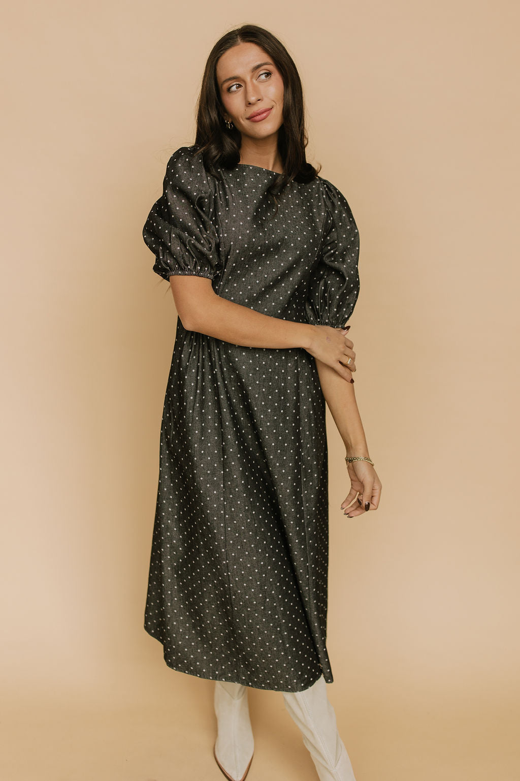 Denim Dot Dress in Black Secondary image