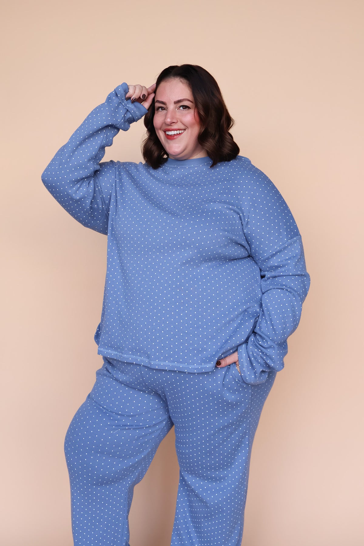 Blaire Polka Dot Pointelle Top in Dusty Blue