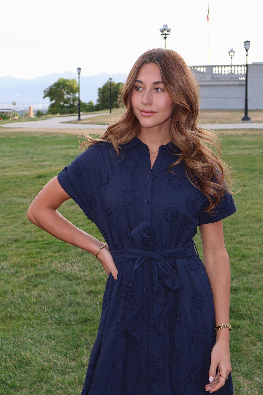 Liv Eyelet Dress in Navy