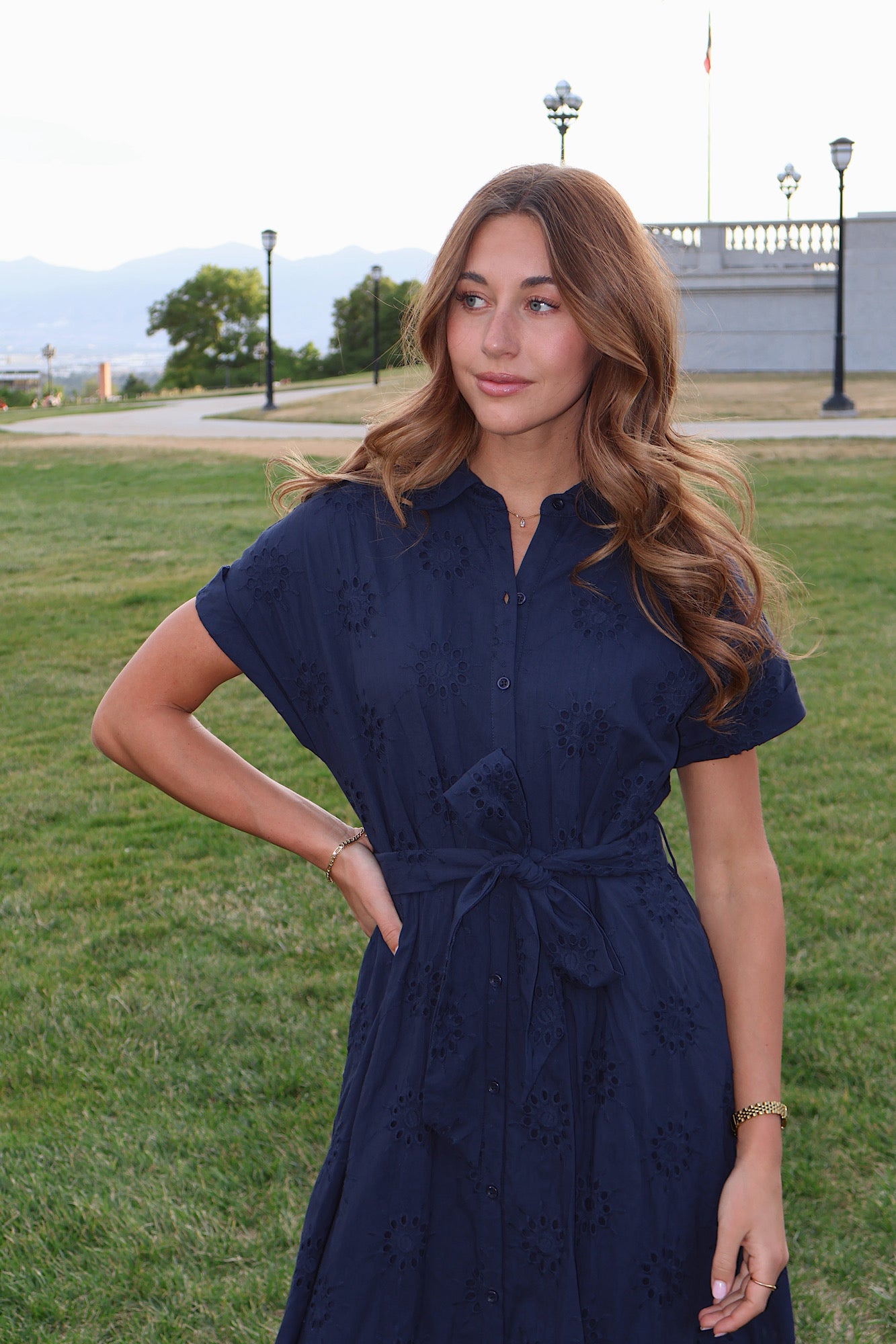Liv Eyelet Dress in Navy
