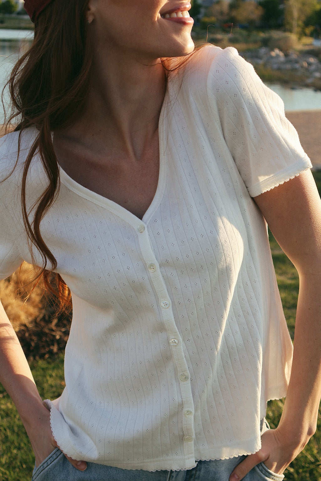 Leslie Pointelle V-Neck Tee