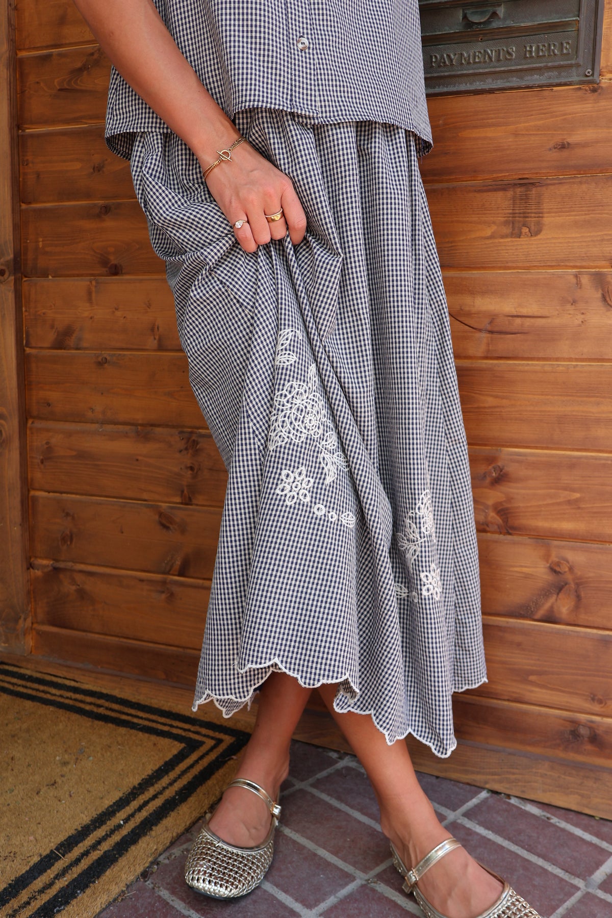 Gingham Embroidered Skirt in Navy