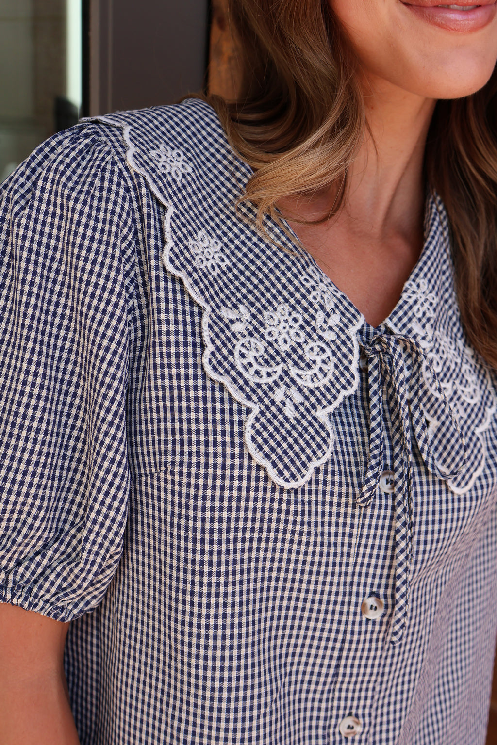 Gingham Embroidered Blouse in Navy