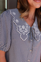 Gingham Embroidered Blouse in Navy