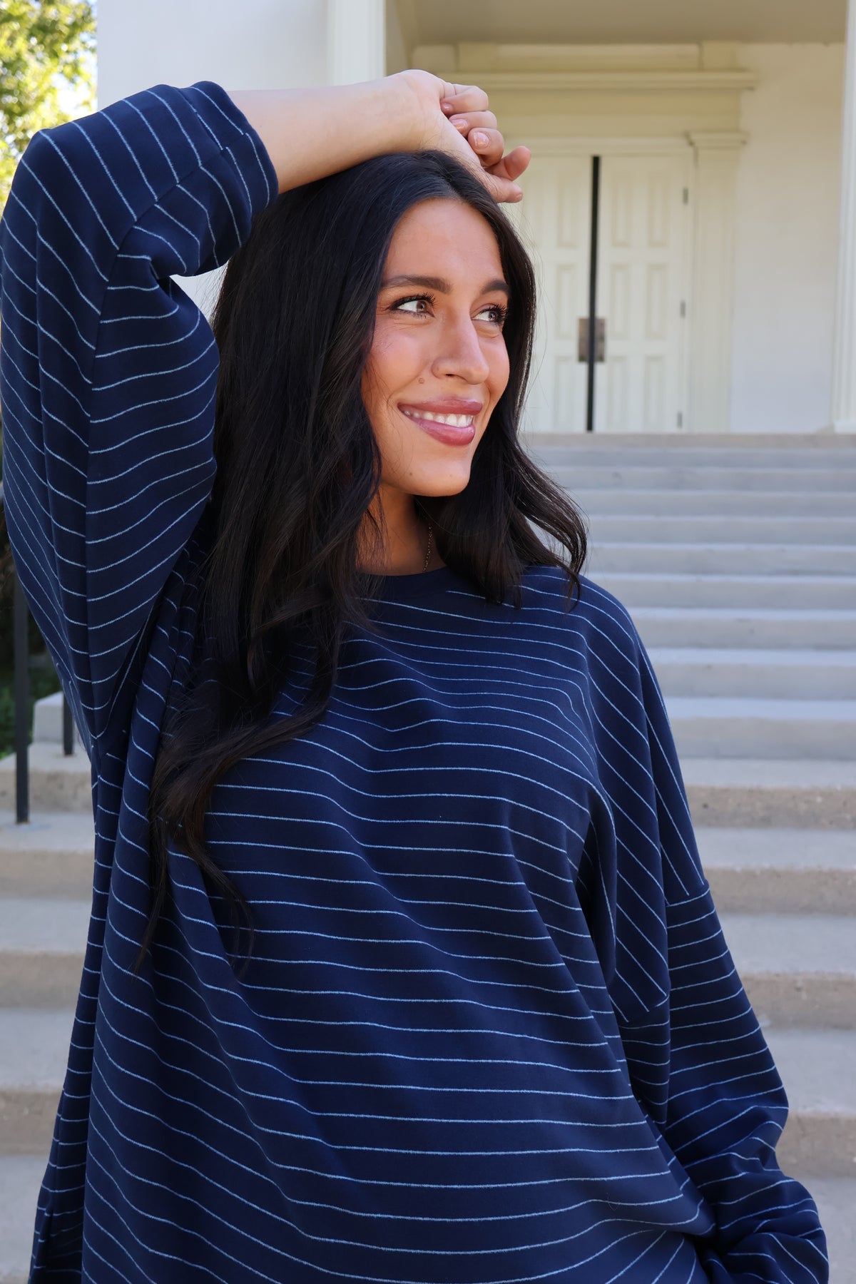 Porter Pinstripe Fleece Pullover in Navy