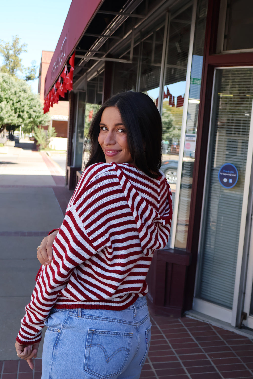 Zip Up Stripe Hoodie in Red