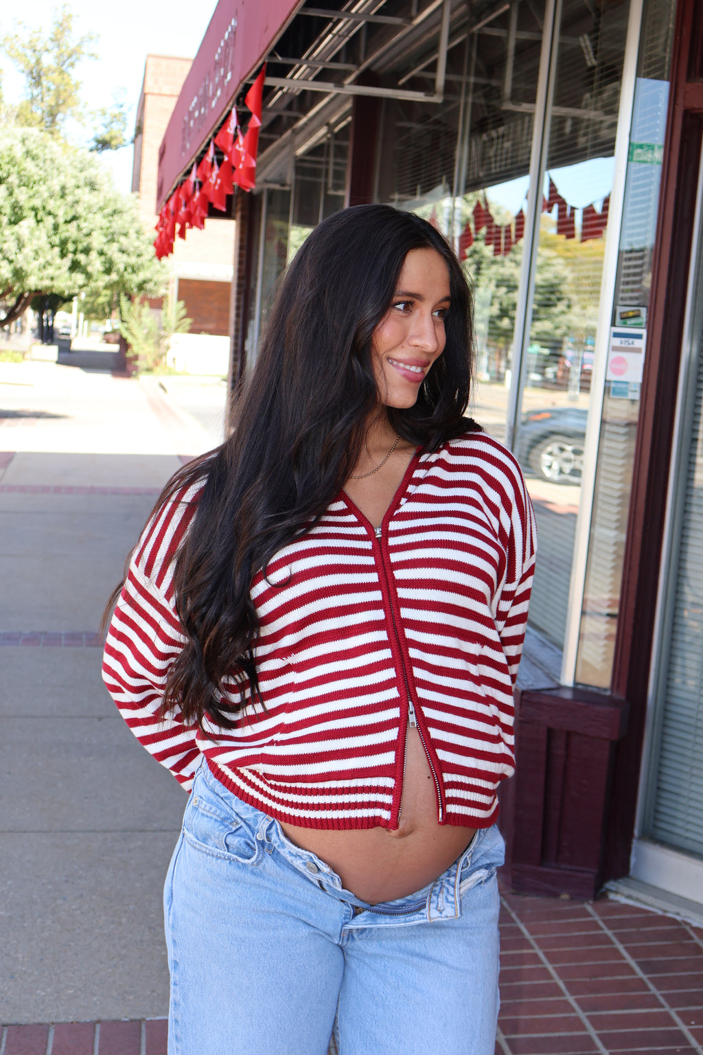 Zip Up Stripe Hoodie in Red
