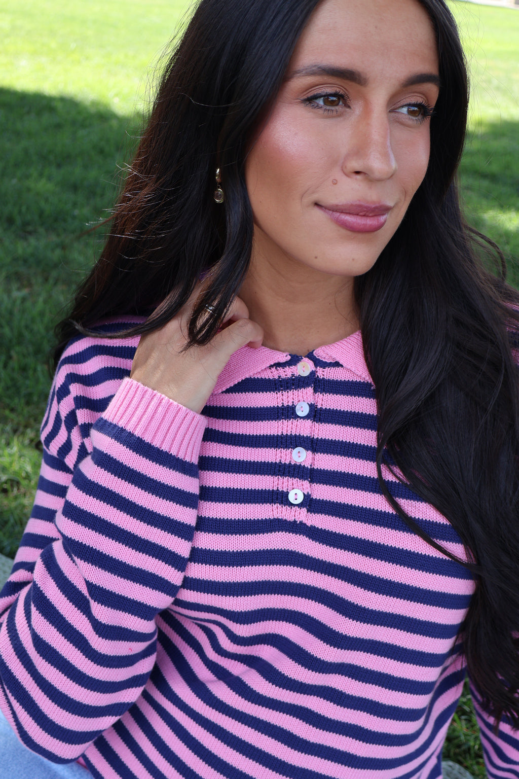 Knit Stripe Polo in Pink