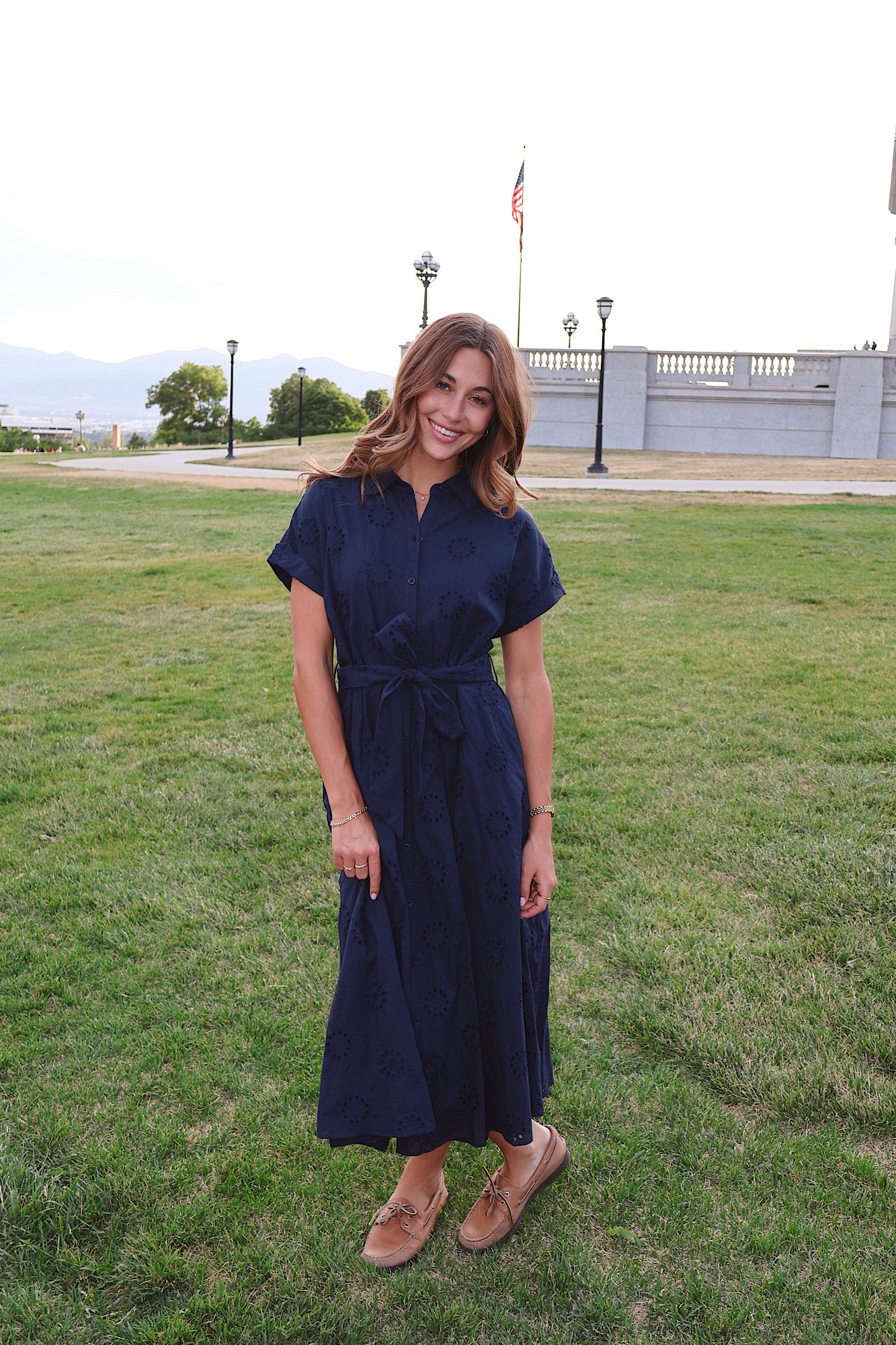 Liv Eyelet Dress in Navy Main image