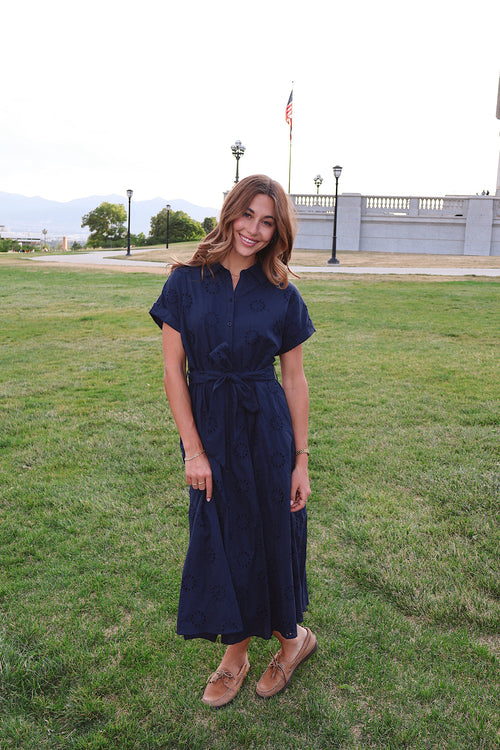 Liv Eyelet Dress in Navy