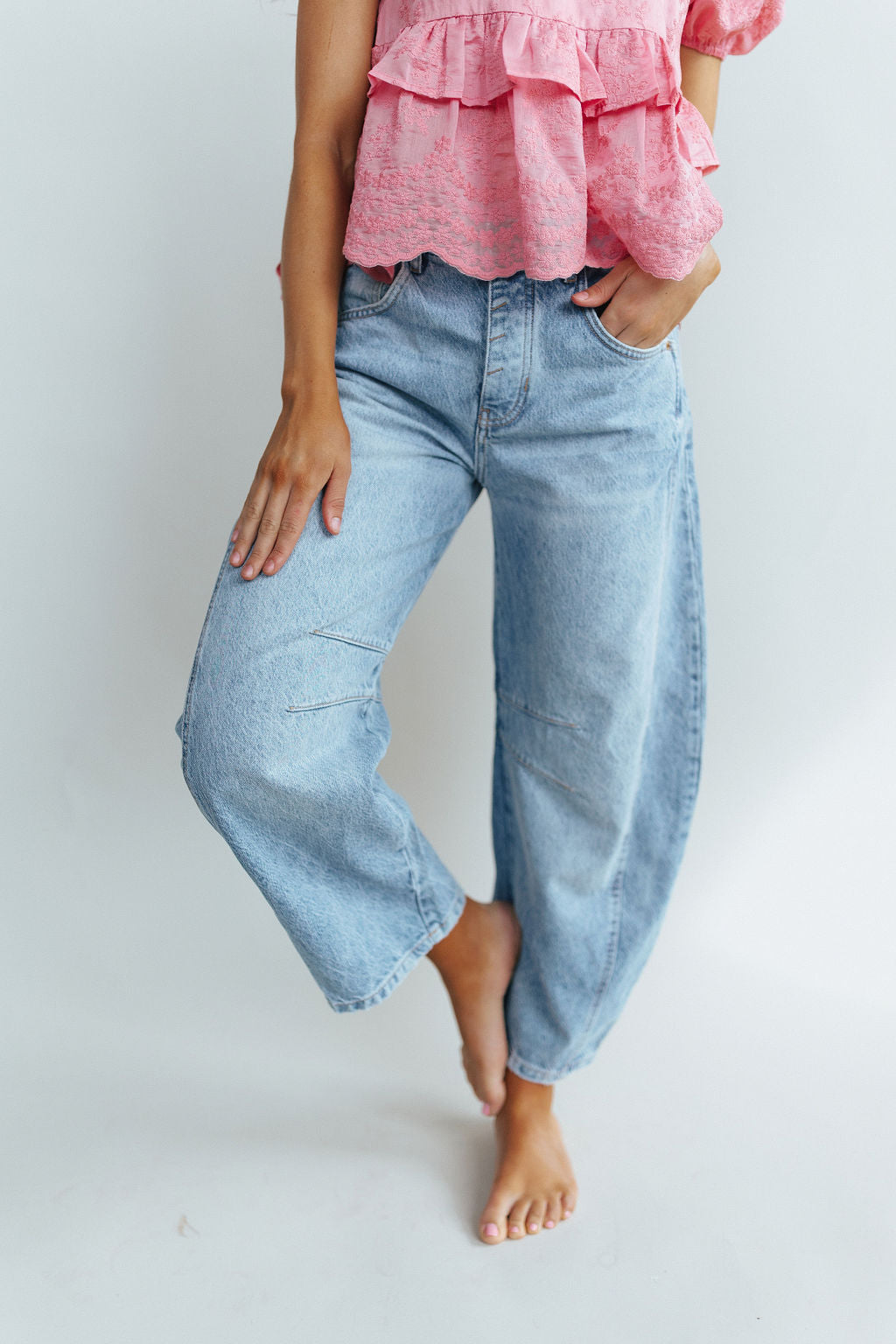 Free People Good Luck Mid-Rise Barrel Jeans in Ultra Light Beam