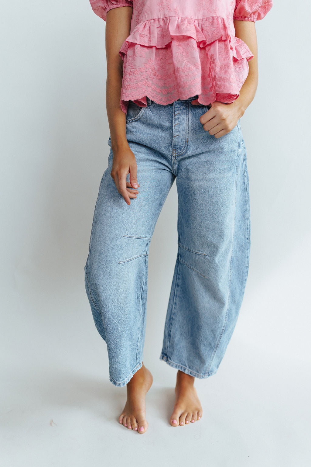 Free People Good Luck Mid-Rise Barrel Jeans in Ultra Light Beam