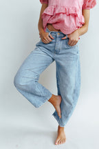 Free People Good Luck Mid-Rise Barrel Jeans in Ultra Light Beam