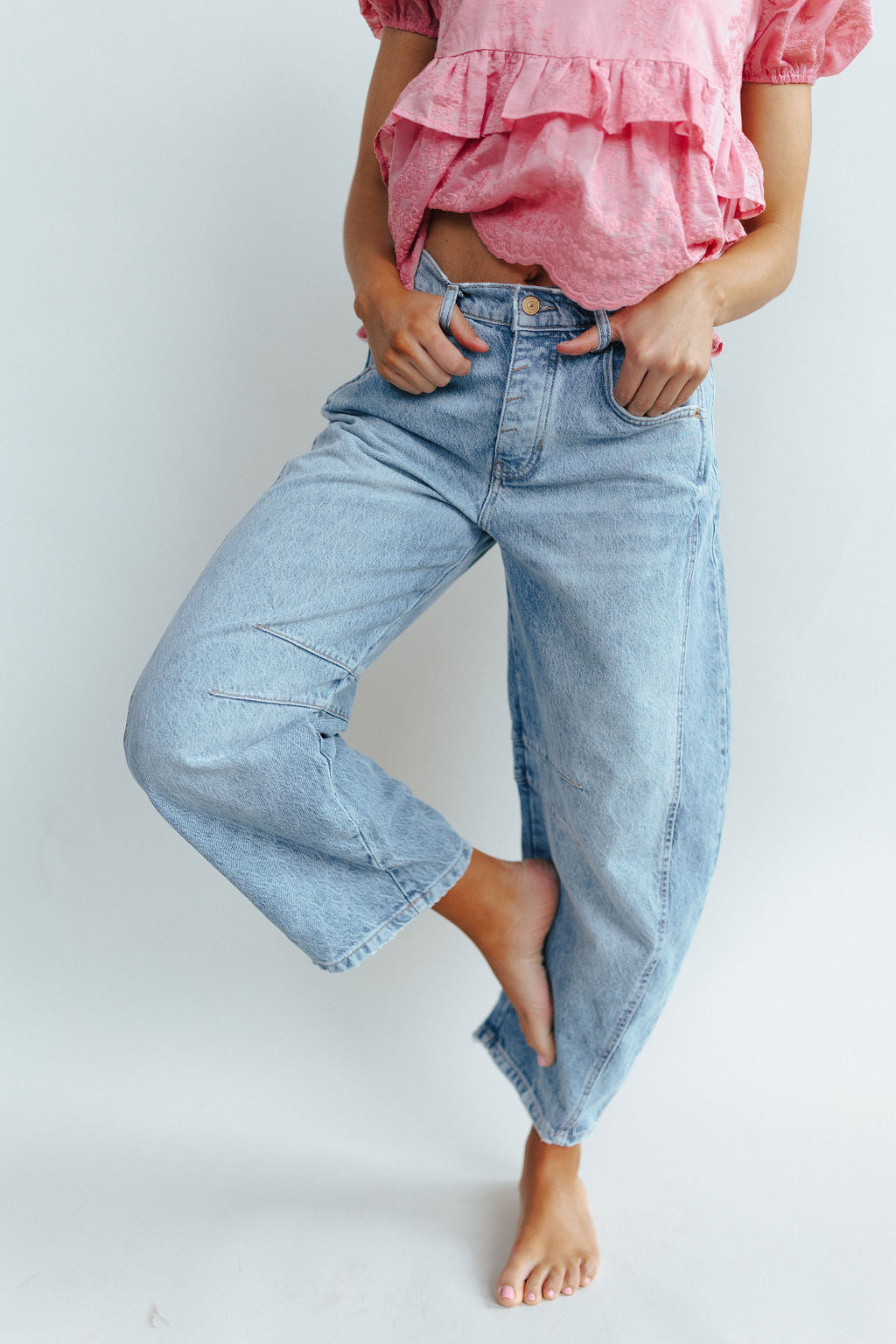 Free People Good Luck Mid-Rise Barrel Jeans in Ultra Light Beam