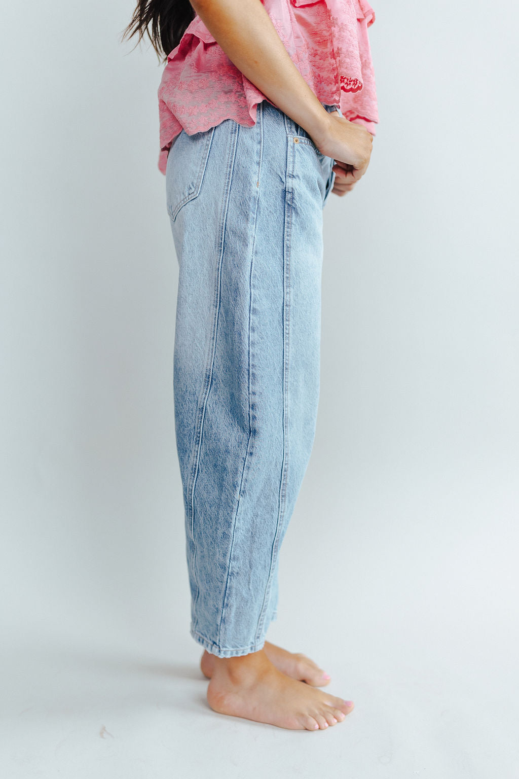 Free People Good Luck Mid-Rise Barrel Jeans in Ultra Light Beam