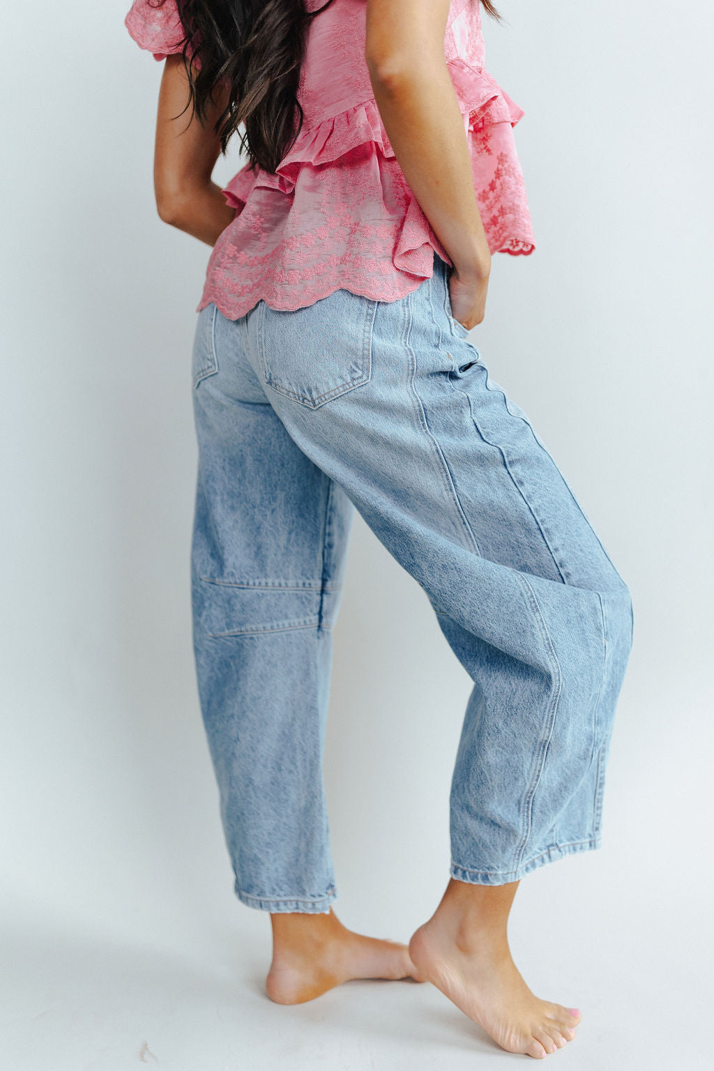 Free People Good Luck Mid-Rise Barrel Jeans in Ultra Light Beam