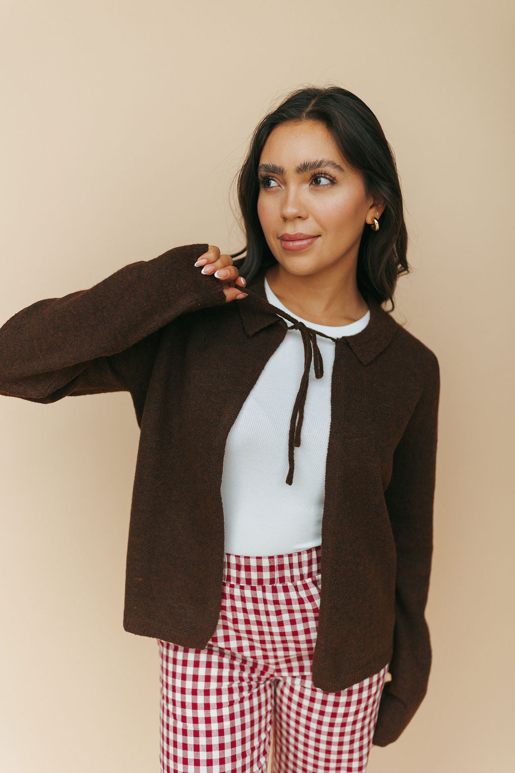 Kat Bow Tie Open Cardigan in Brown Main image