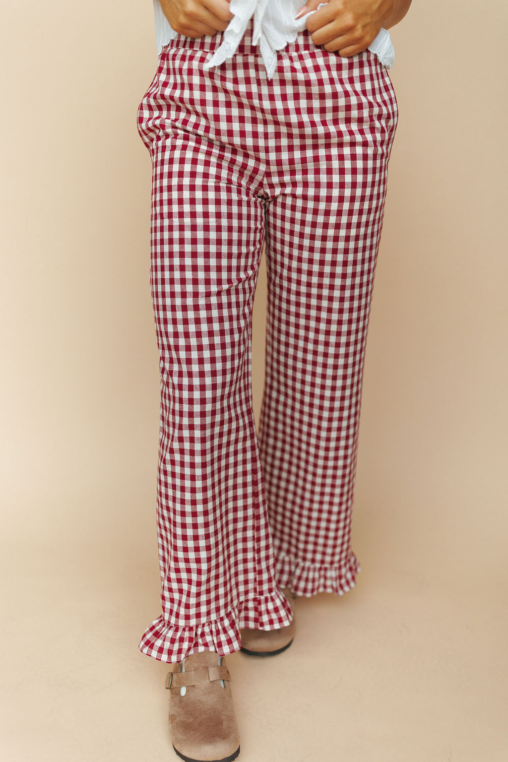 Marci Ruffle Gingham Pants in Red