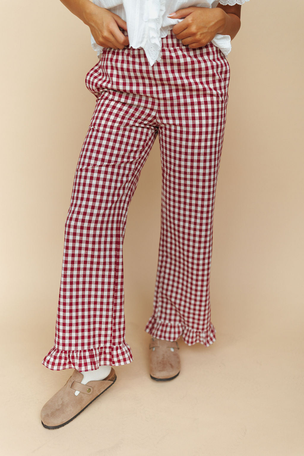 Marci Ruffle Gingham Pants in Red
