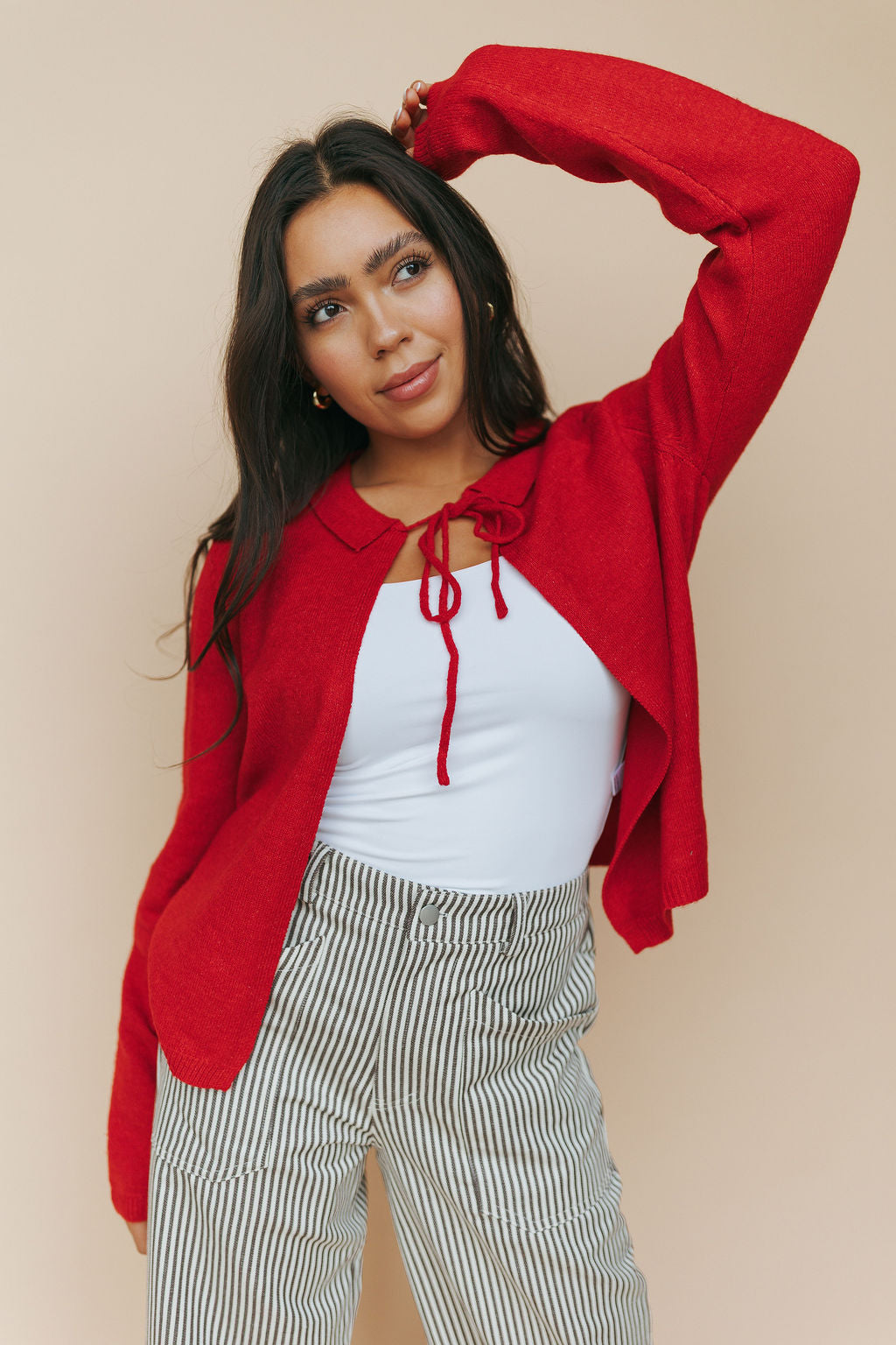 Kat Bow Tie Open Cardigan in Red Secondary image